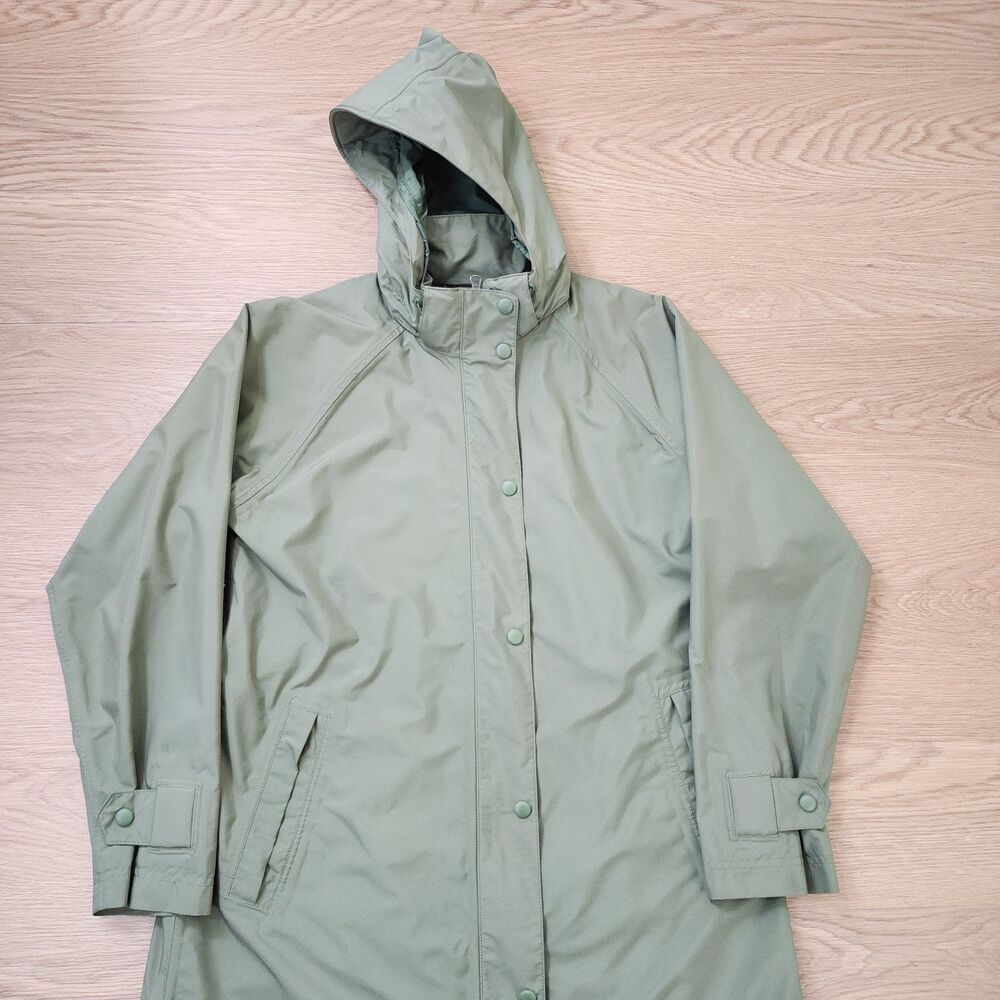 LL Bean Coat Womens Medium Green Hooded Long Rain Coat Full Zip Lined Trench
